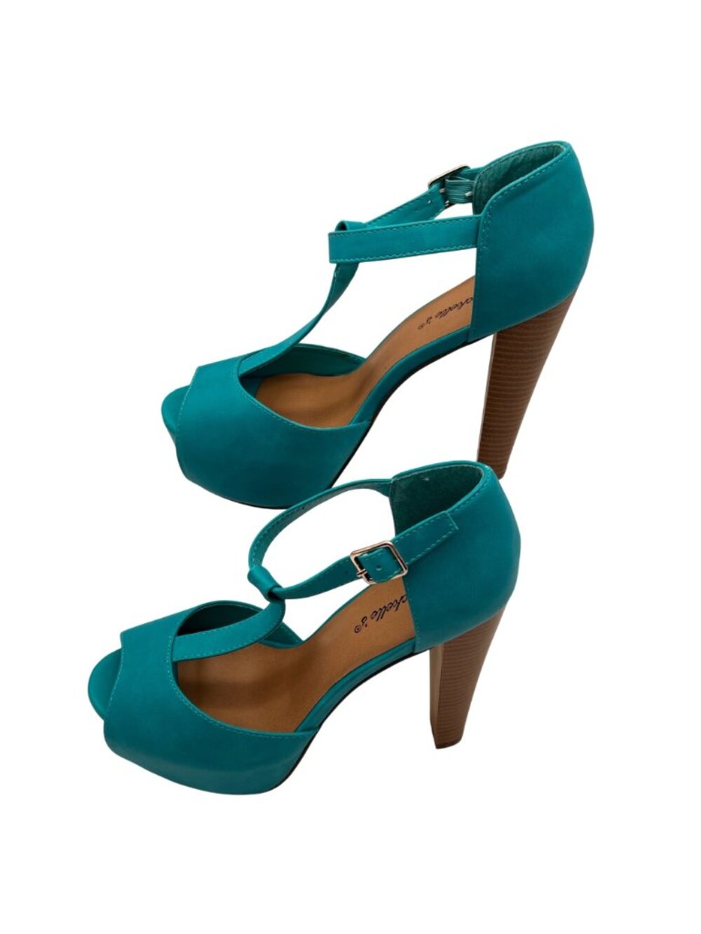 Breckelles Brina 21 Turquoise Platform Peep Toe Heels Womens Size 9 Buckle Strap - Picture 3 of 16